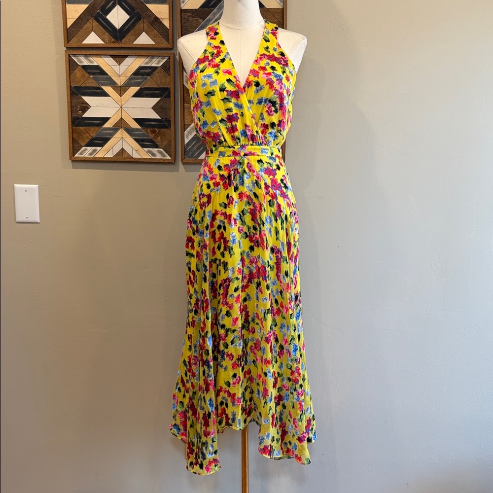 SALONI Bright Yellow Floral Silk Blend V-Neck Long Ruffle Dress size 2